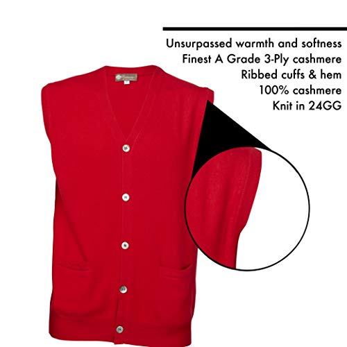 Cashmere Boutique: Men's 100% Pure Cashmere Sleeveless Button Down V Neck Jersey Knit Cardigan Vest Sweater With Pockets (Color: Crimson Red, Size: Extra Large) #TOP5