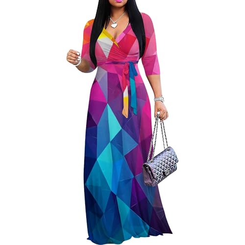 Image of PinkPatty Women's Plus Size Maxi Dresses Casual Flowy 3 /4 Sleeves Dress Printed Vacation Dress for Daily Wear with Belt