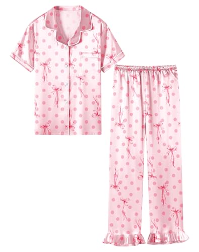 QZH.DUAO Silk Satin Pajamas Set Girls 2 Piece Pj Sets Ruffle Short Sleeve Sleepwear Soft Button Down Loungewear for Kids