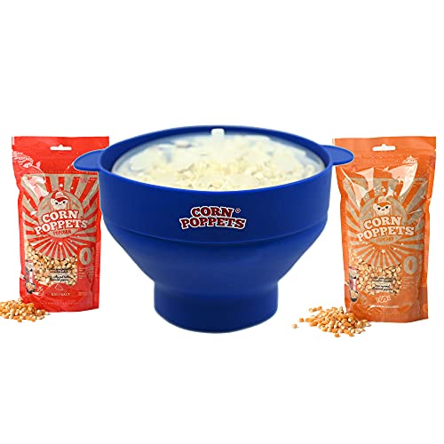 CORN POPPETS | Palomitero para Microondas de Silicona | Recipiente para Hacer Palomitas en el Microondas sin Aceite | Color Azul + 2 Bolsas de Granos de Maiz Sabor Dulce y Salado