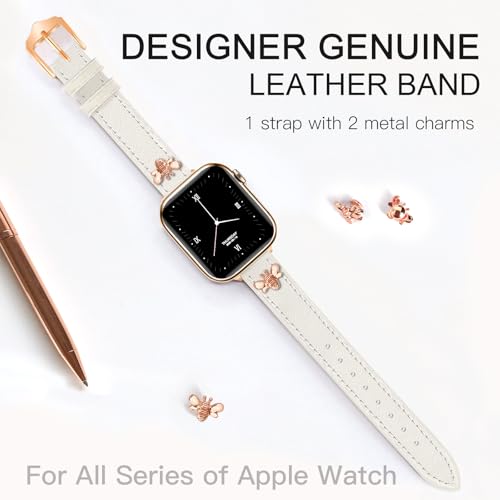 Image of JR.DM Slim Leather Bands Compatible with Apple Watch Band 38mm 40mm 41mm 42mm 44mm 45mm 46mm 49mm, Genuine Leather Band with Charms, Feminine Design for Iwatch Ultra SE Series 11 10 9 8 7 6 5 4 3 2 1