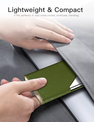 Image of Padike Business Card Holder, Leather Business Card Case Pocket Card Holders for Men or Women, Metal Slim Name Card Holder RFID Blocking Business Card Carrier with Magnetic Closure (Z-Olive Green)