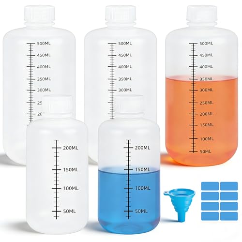 Sinofort Lot de 5 Bouteilles en Plastique à Col, 250/500ML Flacons Graduées, Flacon Laboratoire Plastique, Bouteille Vide avec Couvercle Entonnoir...