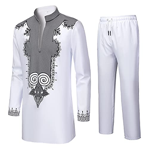 YND Men’s 2 Piece Set African Dashiki Shirt and Pants, Outfit with Gold Print2