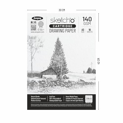 Image of Anupam A3 Artists Sketching & Drawing Paper 140 GSM 10 Loose Sheet for Sketching & Drawing with Pencil, Charcoal, Graphite, Chalk, Oil Pastel & Wax Crayon for Artist's & Amateurs (Pack of 5)