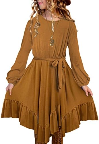 blibean Girl Fall Boho Dress Kid Long Sleeve Tween Bohemian A-Line Round Neck Skater Dresses Solid Maxi Flowy Swing Clothes Size 10-11 Years X-Large Brown
