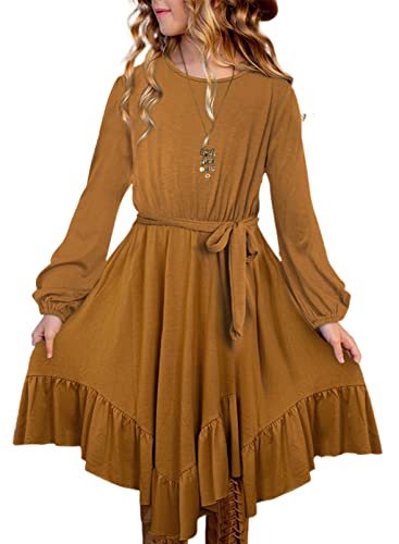 Blibean Girl Fall Boho Dress Kid Long Sleeve Tween Bohemian A-Line Round Neck Skater Dresses Solid Maxi Flowy Swing Clothes Size 10-11 Years X-Large Brown #TOP3