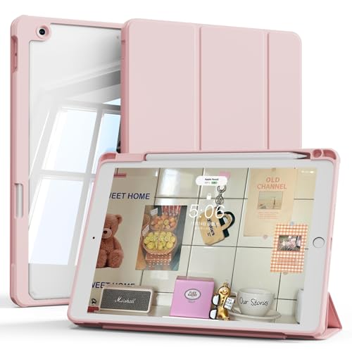 KTGGHG iPad 10.2 インチ ケース 第 9/8/7 世代 ケース 2021/2020/2019 透明バックカバー Apple Pencil 収納可能 クリア 三つ折りスマート オートスリープ機能 軽量 薄型 傷つけ防止（ピンク）