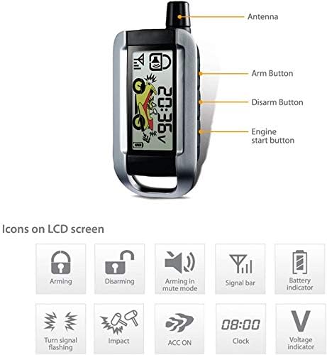 Diagram of the LCD remote control with labels for antenna, arm button, disarm button, engine start button, and various LCD screen icons.