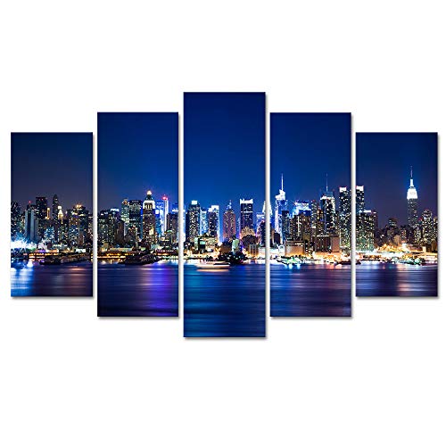 Derkymo New York City Canvas Wall Art Manhattan Skyline Night View Picture Painting Modern Giclee Canvas Prints Modern Home Office Wall Decoration Stretched Canvas Ready To Hang Full Size 40X24 Inches #TOP22
