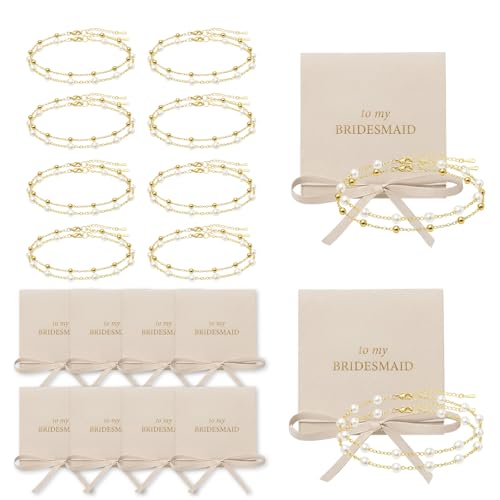 Dreamfox 24PCS 8 Set Bridesmaid Gift Pearl Bracelets for Women 18K Gold Bracelets Bulk Surgical Stainless Steel Bridesmaid Jewelry for Wedding Party Favor (Beige)