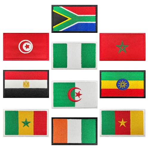 Lot de 10 écussons brodés - Motif drapeau de l'Égypte, du Maroc, de l'Éthiopie et de l'Algérie - Compatibles avec le - Pour jeans, vestes, sacs à dos, vêtements, casquette de baseball, uniforme