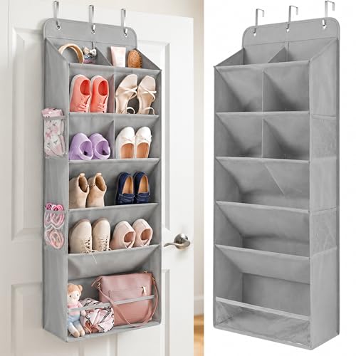 HOMELUX THEORY Hanging Shoe Organizer for Closet, 6 Tier Over the Door Shoe Organizer 120D Extra Thick with Deep Pockets, Shoe Rack for Closet & Entryway, with 4 Side Storage Pockets (Light Gray)