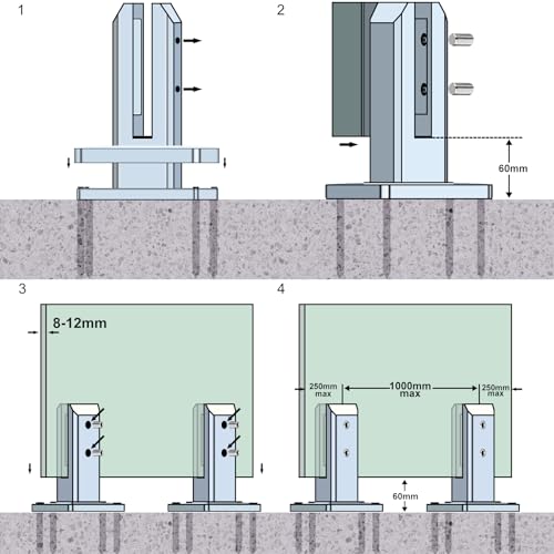 LukLoy 4 x 304 Edelstahl quadratische Glaszapfen Pool Zaun Zapfen Klemme Haus Garten Treppe Balustrade Geländer Balkon Glas Bodenklemme (4 Stück x 960 g Bürste)