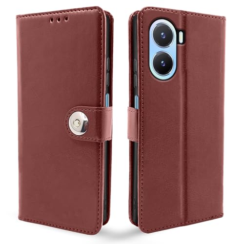 Image of Pikkme Vivo T2X / Y16 / Y56 5G Flip Cover Leather Finish | Inside TPU with Card Pockets | Wallet Stand and Shock Proof | Complete Protection Button Flip Case (Brown)