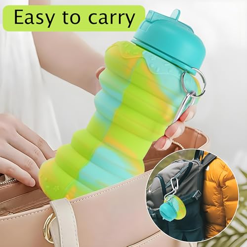 Image of Kuber Industries Pack of 2 Collapsible 600 ml Silicone Water Bottle With Flip Cap | Lightweight & Portable School Water Bottle - Ideal For Travel & Gym | Green