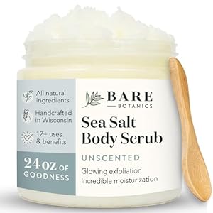 Bare Botanics Unscented Exfoliating Body Scrub 24oz | Made in USA | All Natural Sea Salt Scrub w/Skin Loving Moisturizers | Vegan & Cruelty Free | Ready to Gift w/a Cute Wooden Spoon