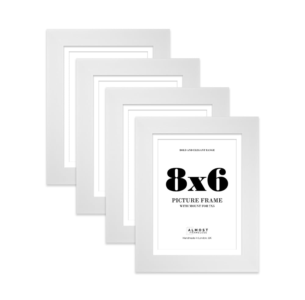 8x6" White Frame With Mount for 7x5" Pictures 28mm Edge Portrait and Landscape Display with Wall Hooks and Kickstand, 4 Pack