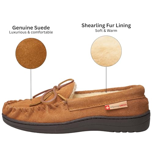 Alpine Swiss Sabine Womens Moccasin Slippers Genuine Suede House Shoe Memory Foam Insole Plush Faux Shearling Fur Indoor Outdoor Anti-Slip Rubber Sole3