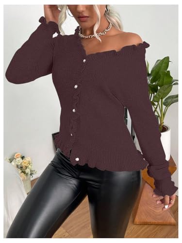 Image of Verdusa Women's Ruffle Trim V Neck Button Down Long Sleeve Knit Cardigan Sweater
