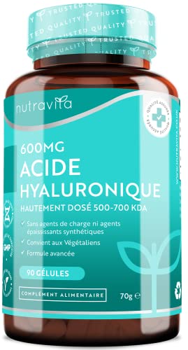 Acide Hyaluronique Gelules 600mg - 90 Gélules Vegan (3 mois) - Acide Hyaluronique Pur avec Dose Élevée de 500-700 kDa - Hydratation - Supplément pour la Peau et les Articulations - Nutravita