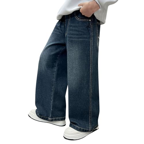 Boys Baggy Jeans Straight Wide Leg Denim Jeans Casual Elastic Waist Loose Fit Trousers Y2K Streetwear with Pockets