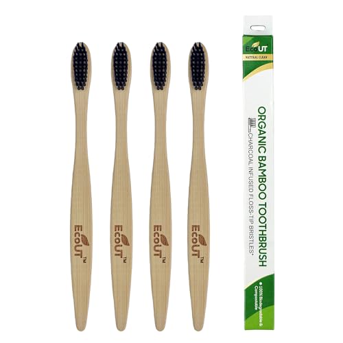 Image of EcoUT Organic Compostable Bamboo Toothbrush with Ultra-Soft Charcoal activated Bristles, 100% Natural & Eco-Friendly (Pack of 4)