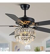 52 Inch Crystal Ceiling Fan, Black Chandelier Ceiling Fan with Lights and Remote, Pull Chain, Woo...