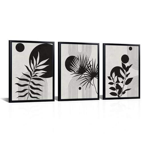 Nachic Wall Minimalist Boho Wall Art Botanical Leaf Painting Prints Modern Mid Century Art Prints Framed Black and Beige Bathroom Decor (Grey)