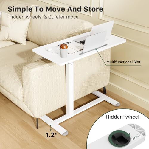 Mobile Standing Desk, Pneumatic Adjustable Rolling Desk(31.5 Inches), Portable Laptop Desk with Wheels, Overbed Bedside Table Laptop Table for Couch, Home, Office, White