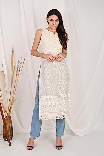Image of Lucknowi Chikankari Pure Cotton Sleeveless Nyra Cut Straight Long Casual Kurti for Women