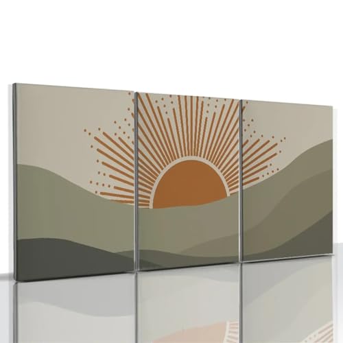 Paysage de montagne verte soleil peinture orange affiche d'art bohème pour mur vide