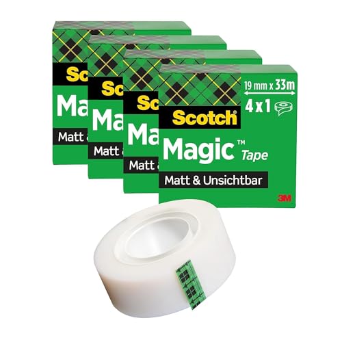 Scotch Magic Tape - 4 Rollen, 19 mm x 33 m - Unsichtbares Klebeband für allgemeine Zwecke zur Reparatur, Etikettierung und Versiegelung von Dokumenten