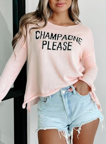Women's Pink Champagne Please Graphic Sweater Casual Slogan Loose Crew Neck Long Sleeve Knitted Sweatshirt Pullover Tops3