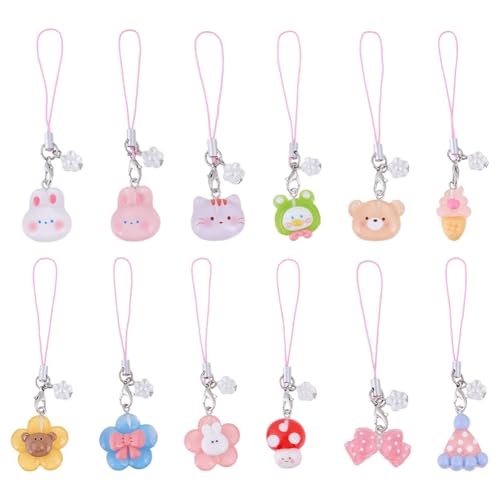 GOMAKERER Juego de 12 dijes de teléfono de 12 estilos, colgantes de resina, correas móviles con bonitos animales, accesorios coloridos para teléfono celular, llavero, decoración de bolsa