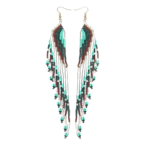 SHINUS BOHO Rice Bead Drop Green Blue Earrings for Women,Long Big Tribal Fringe Tassel Statement Jewelry, Handmade Hypoallergenic Gold Hooks, Summer Vacation Beach,Holiday Gift