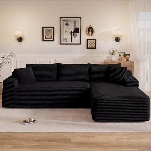 Poblink 95 L Shaped Cloud Boneless Sectional Couches for Living Room Modern Comfy Modular Deep Seat Memory Foam Compressed Corduroy Sofa Oversized Right Facing Chaise No Assembly Required Balck
