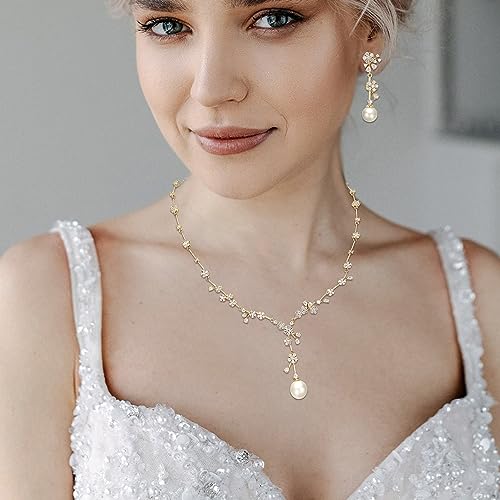 Image of White Faux Pearl Leaf Vine Bridal Cubic Zirconia Jewelry Set for Women | Wedding Party Necklace Earrings for Bridesmaid Bride