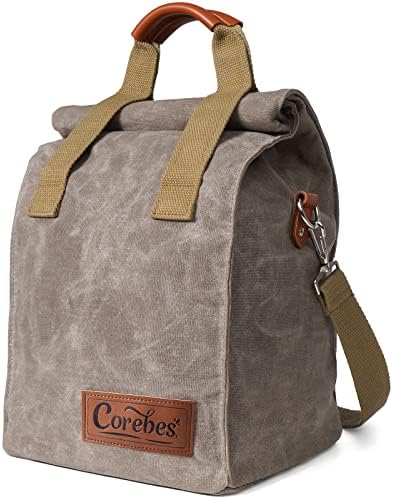 Corebes Insulated Lunch Bag for Men/Women, 11L Waxed Canvas Lunch Box with Adjustable Shoulder Strap & Double Hook-and-Loop Handles for Work Picnic Hiking