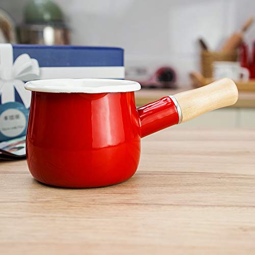 JMAHM Non-Stick Melk Pan Kleine Melk Pot Thee Koffie Ei Kokende Pot Email Houten Handvat Baby Voedsel Supplement Pot Gemakkelijk Schoon Email Stockpot (Rood)