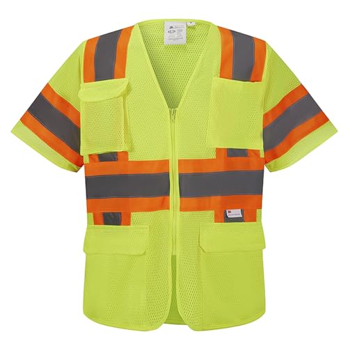 3C Products SV5300, ANSI/ISEA Class 3, High Vis Mesh Safety Vest, 3M Reflective w/Orange Binding, 7 Pockets, Neon Green,2XL