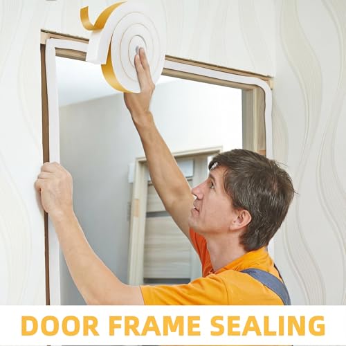 Image of 2 Rolls 1-1 /2 Inch W x 1-1 /2 Inch H Foam Weather Stripping with Adhesive 8 ft Foam Density Closed Cell Tape Seal for Uneven Gaps Doors Windows (White)