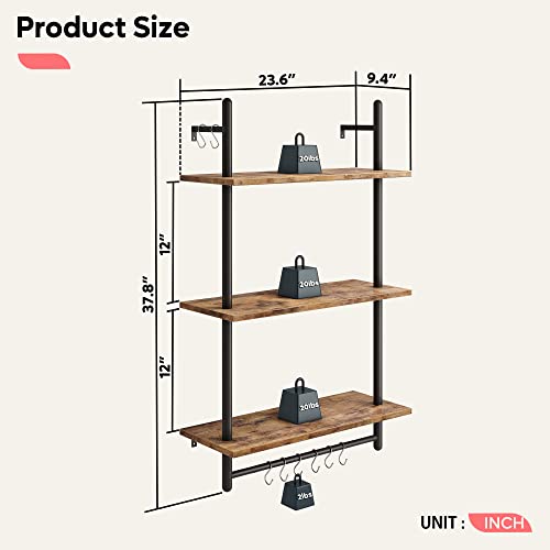 Bestier Pipe Ladder Shelf 38" Wall Mounted Floating Shelves Industrial 3 Tier Hanging Bracket Bookshelf Plant Stand With Towel Bar And Hooks In Living Room Kitchen, Rustic Brown #TOP1