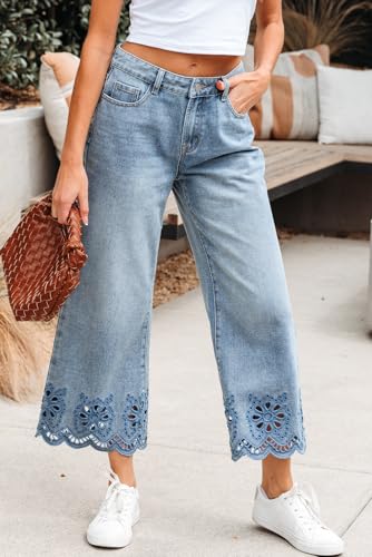 Apvirdy Embroidered Hem Jeans for Women Scalloped Hem Trendy Comfort Loose Fit Denim Pants Wide Leg High Waist Cropped Jeans2