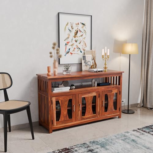 Image of WOODY Furniture Solid Sheesham Wood Kitchen Crockery Cabinet for Dining Room | Sideboard Storage Cabinet with Glass Doors, Console Table Buffet Cabinet for Living Room & Kitchen (Honey Finish)