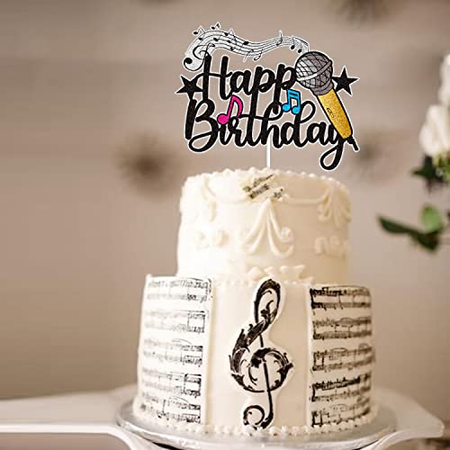 Microphone Happy Birthday Cake Topper Black Glitter Host Music Cake Decor Karaoke Musical Theme Birthday Party Supplies For Boys Girls #TOP4
