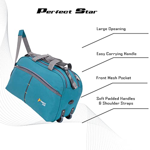 Image of Perfect Star 65L Duffle Bag for Travelling | Lightweight Polyester Trolley Bag with Wheels | Hand Carry Travel Bag for Men and Women | Weekend Trip Luggage Bag (Teal Blue)