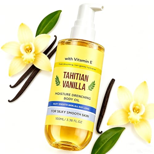 Vanilla Body Oil - Tahitian Vanilla Body Oil - Fast Absorbing & Lightweight Texture for Deep Hydration - After Shower & Bedtime Skin Care with Vitamin E