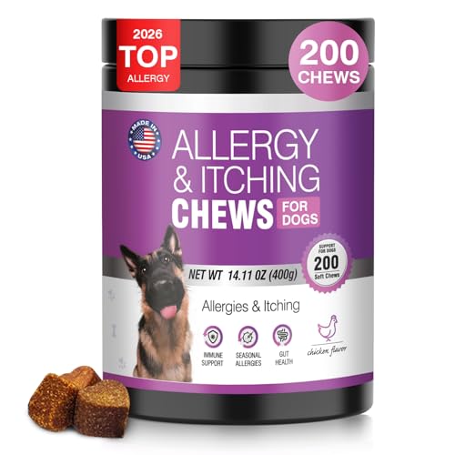 Dog Allergy Chews 200ct - Dog Allergy and Itching Skin Relief Anti Itch Aller Immune Bites for Dogs licking Paws Treatment Relief Itchy Chew Probiotics Vitamins for Skin and Coat Allergies - Chicken