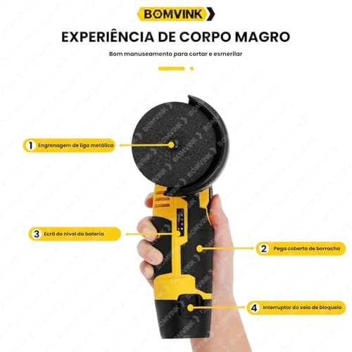 Lixadeira Esmerilhadeira Angular 21v Duas Baterias Recarregáveis 1500mah 19.500rpm Lixamento Polimen
